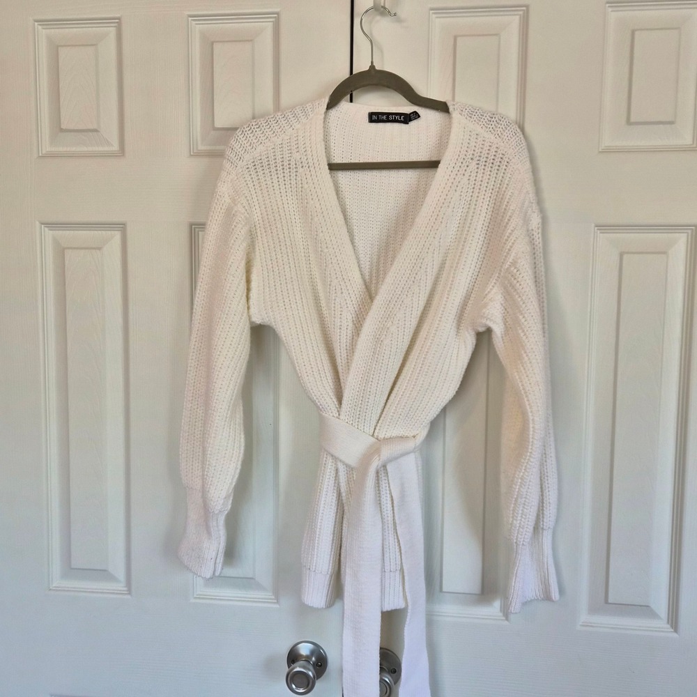 In The Style White Ribbed Knit Wrap Cardigan Belted USA 4 Chunky UK Preppy Cozy